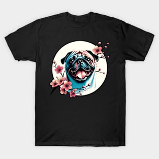 Pug Enjoys Spring Amid Cherry Blossoms and Flowers T-Shirt